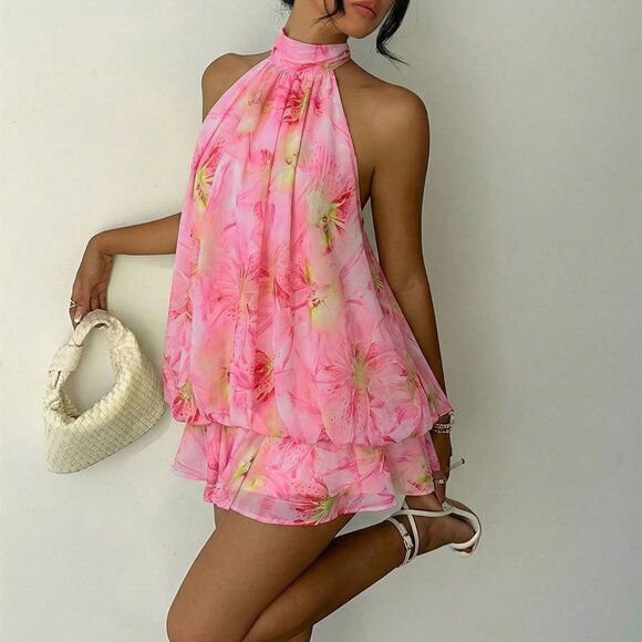 Dresses & Skirts - Light Pink Boho Women's Elegant Floral Print Halter Mini Dress